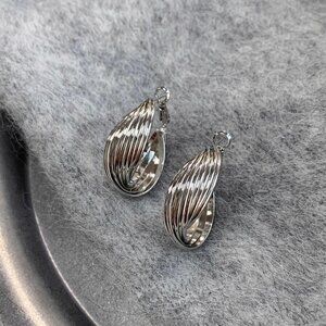 #13 Textured Twisted Leaf Hoop Earrings – Silver Tone (S925 Silver Post)